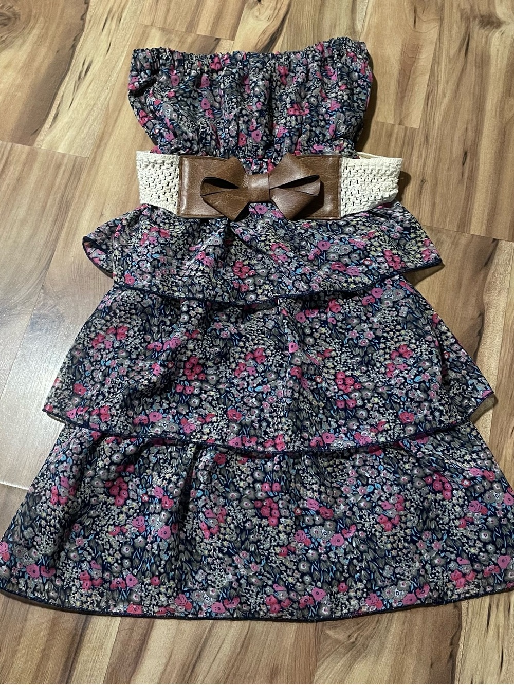 Y2K Body Central Ditsy Floral Tiered Ruffle Dress with Faux Leather Bow Belt